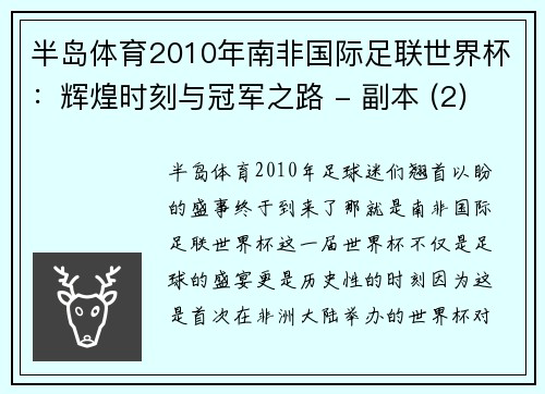 半岛体育2010年南非国际足联世界杯：辉煌时刻与冠军之路 - 副本 (2)